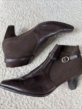 Prevata Dark Brown Leather & Fabric Ankle Booties with Buckle